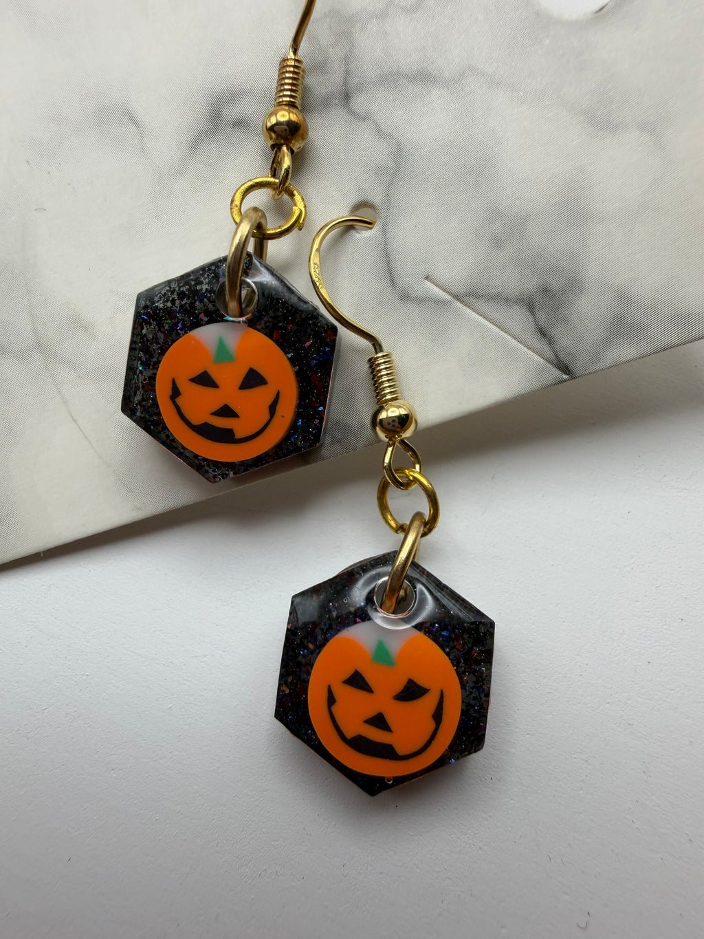 Small Hexagon Smiling Jack-O-Lantern Earrings