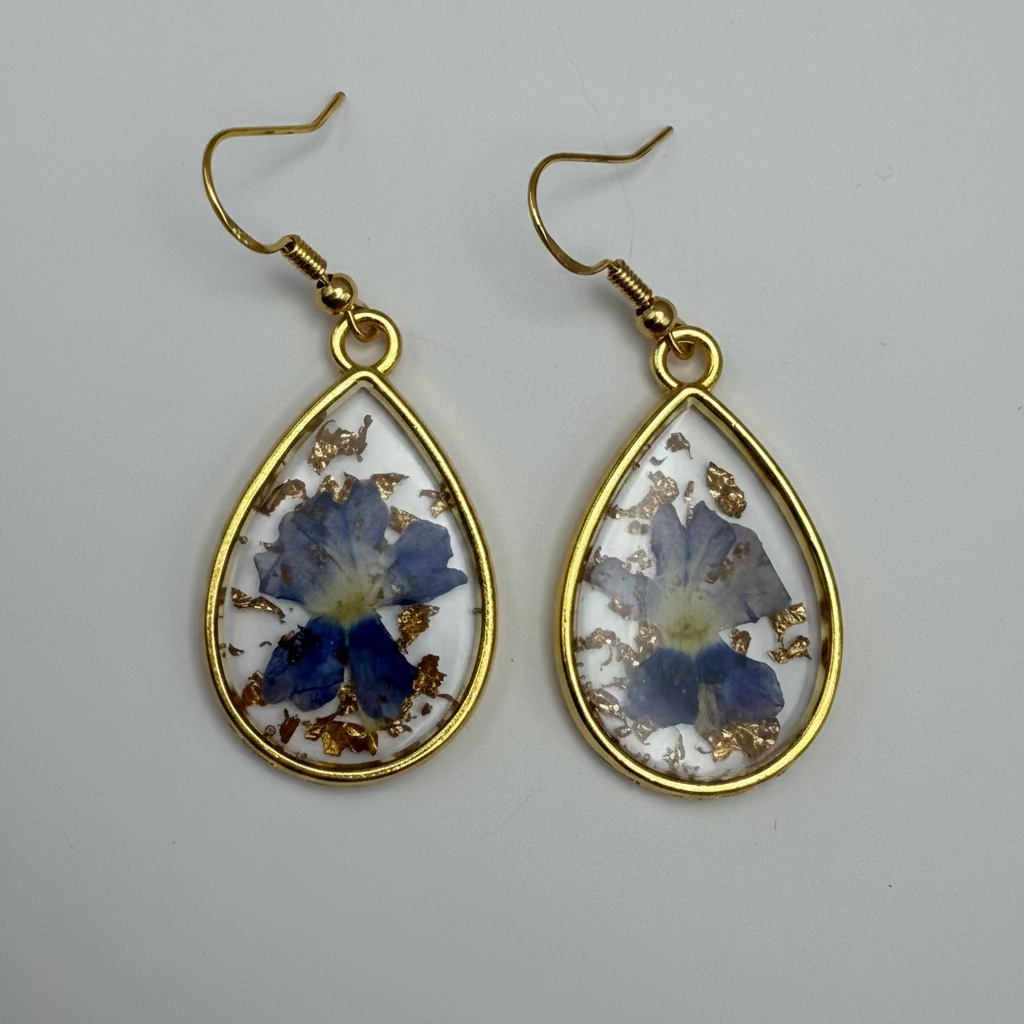 Pressed Flower Gold Teardrop Earrings