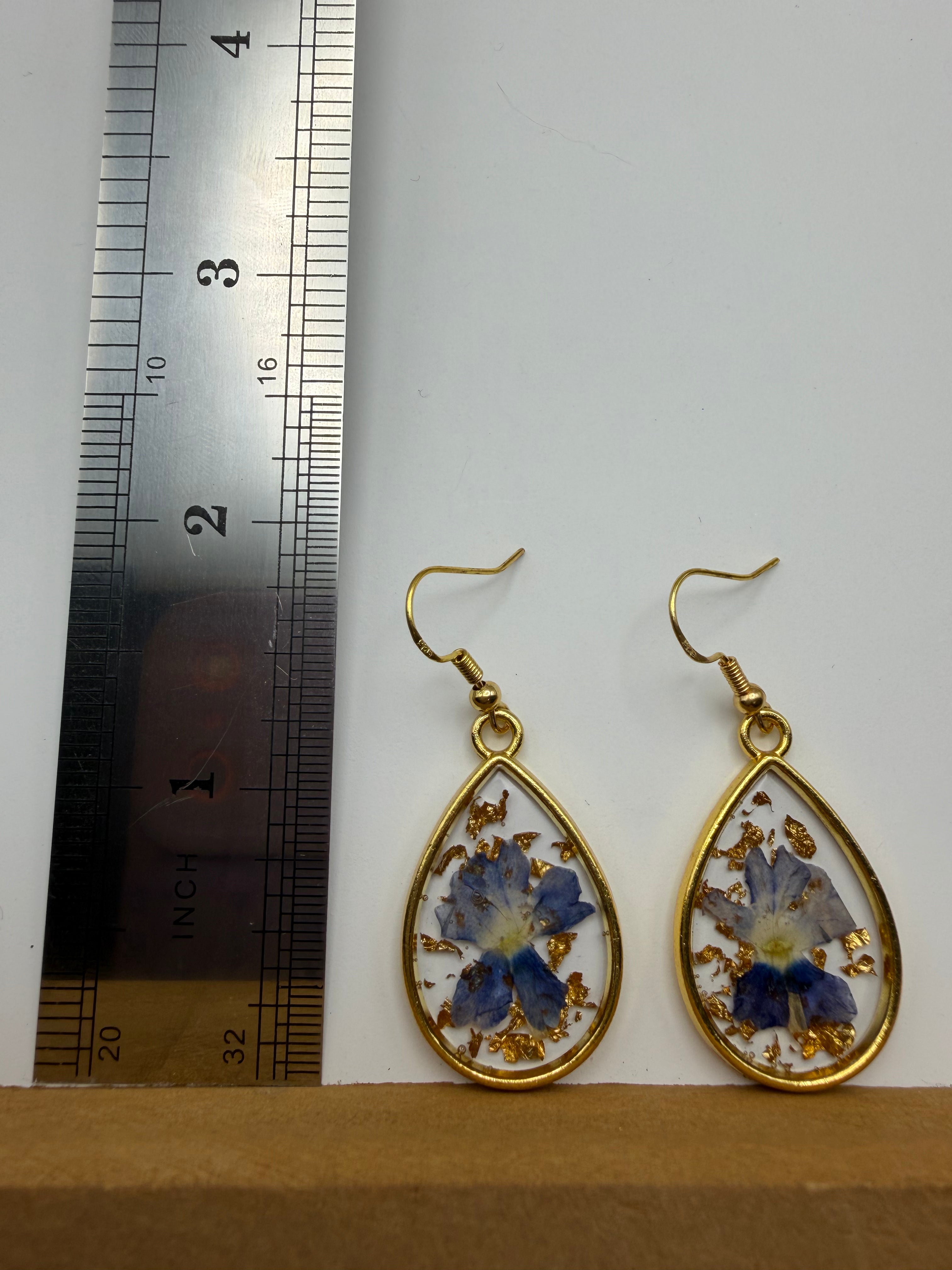 Pressed Flower Gold Teardrop Earrings