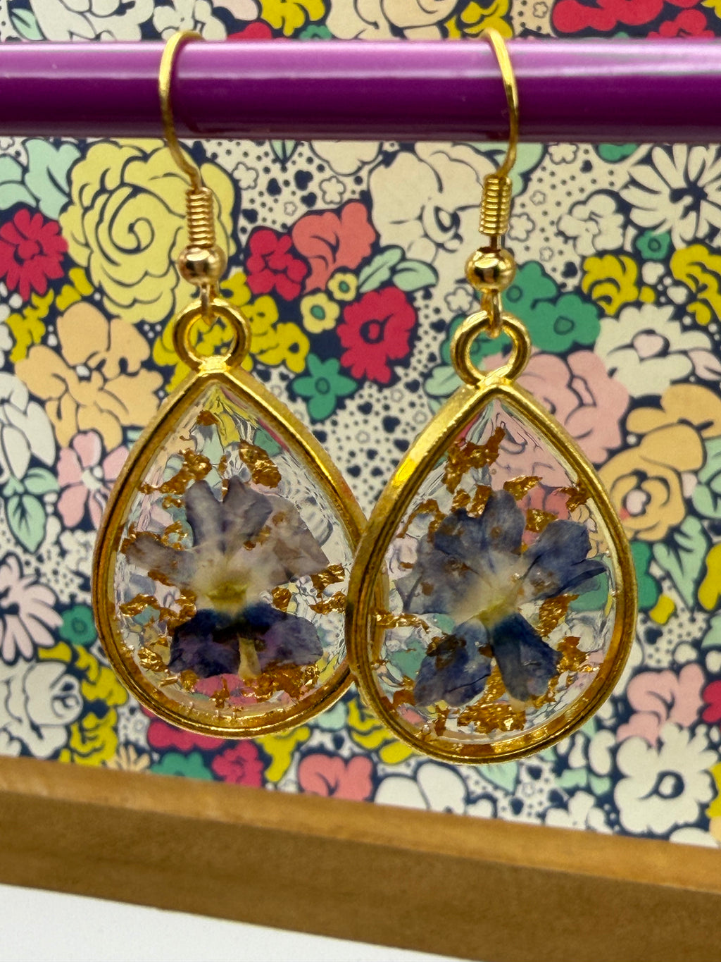 Pressed Flower Gold Teardrop Earrings