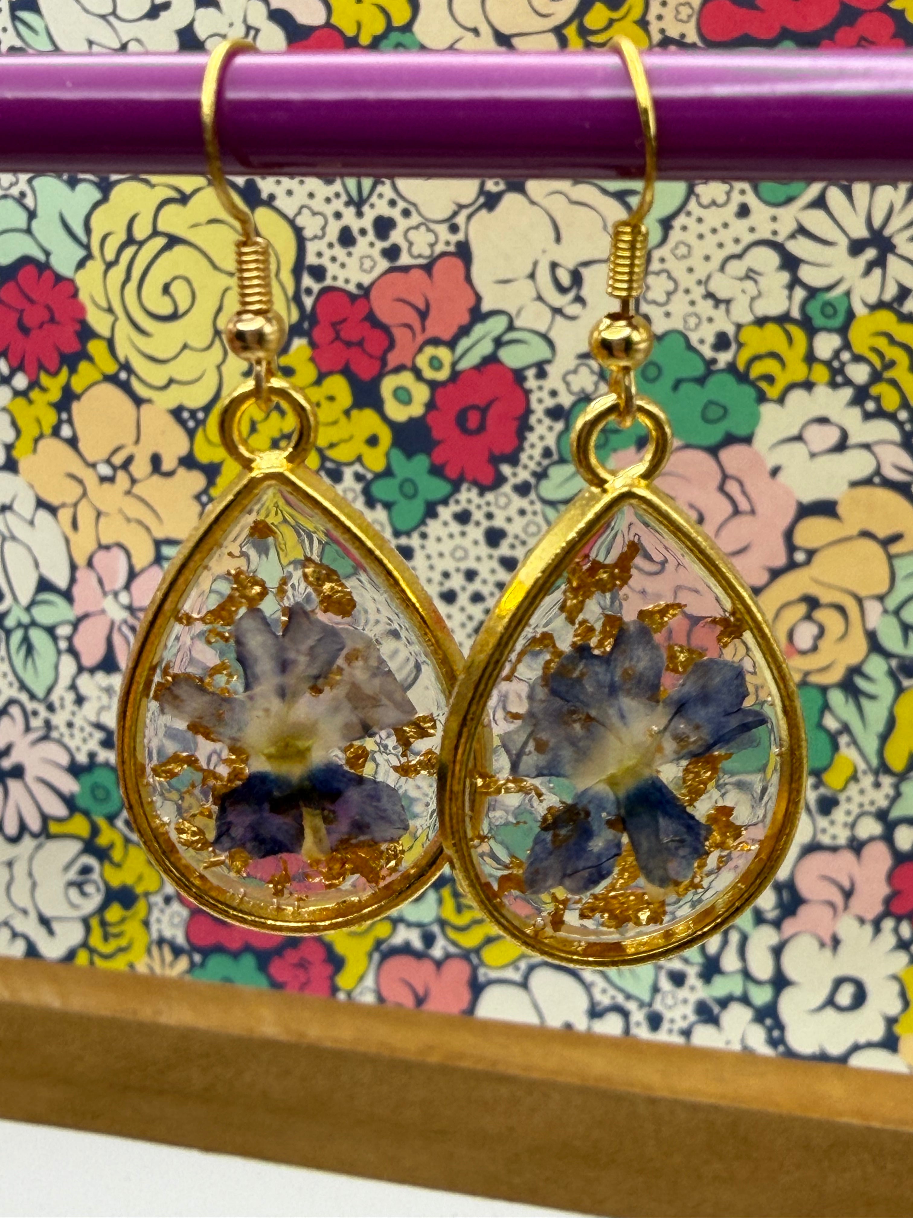 Pressed Flower Gold Teardrop Earrings