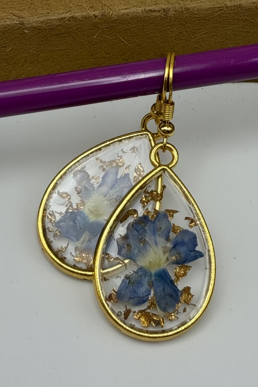 Pressed Flower Gold Teardrop Earrings