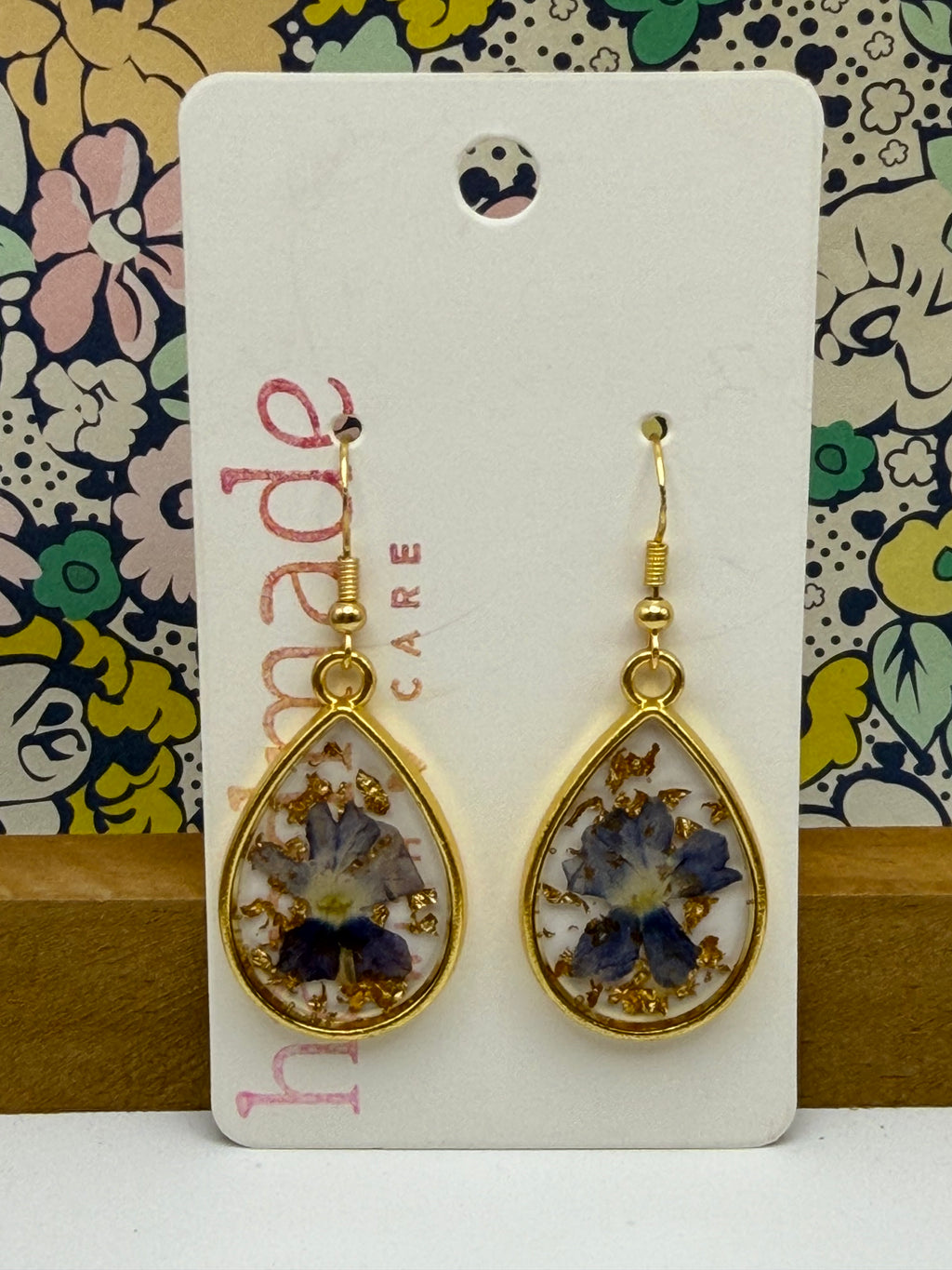 Pressed Flower Gold Teardrop Earrings