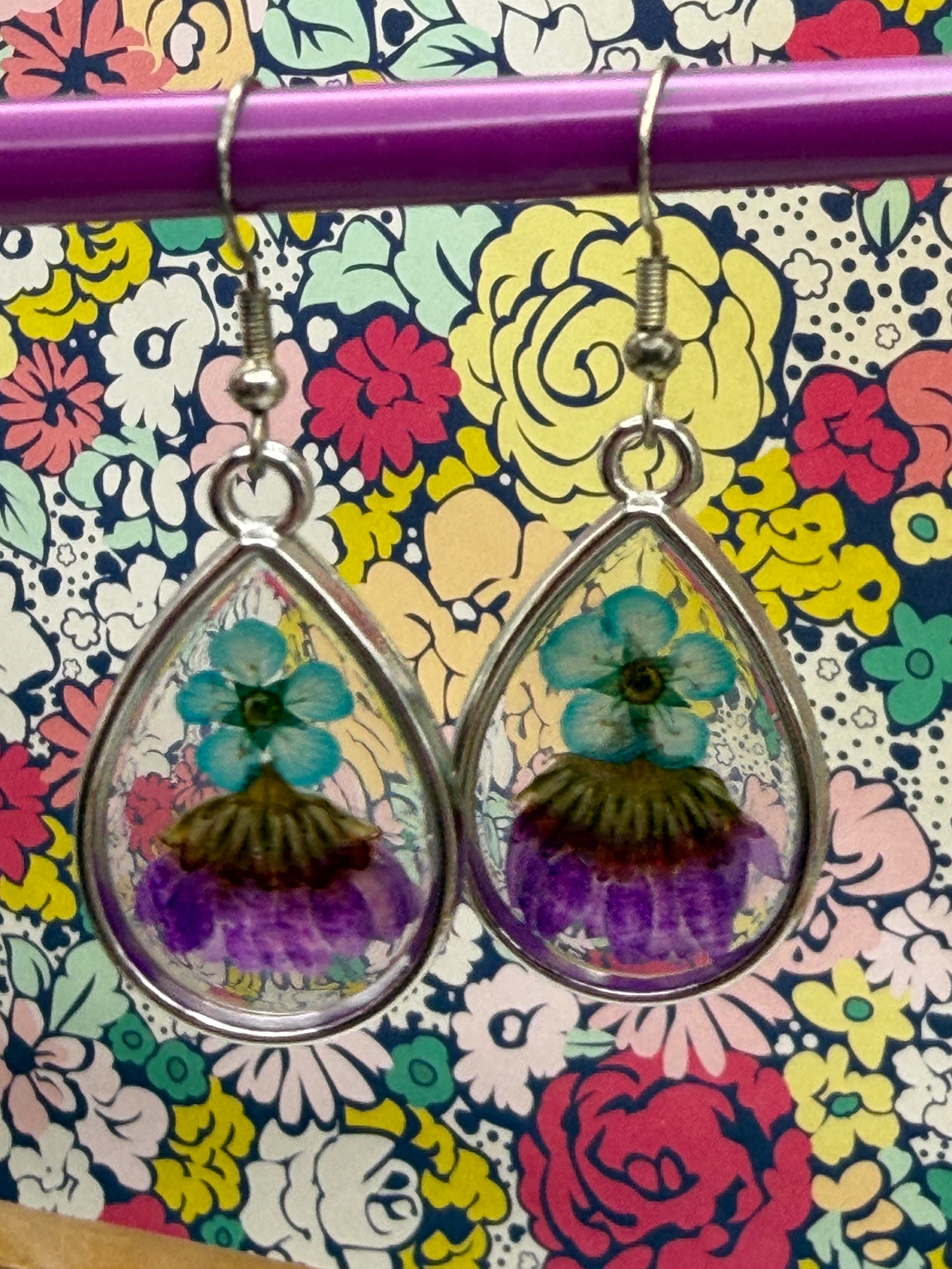Blue and Pink Pressed Flower Earrings
