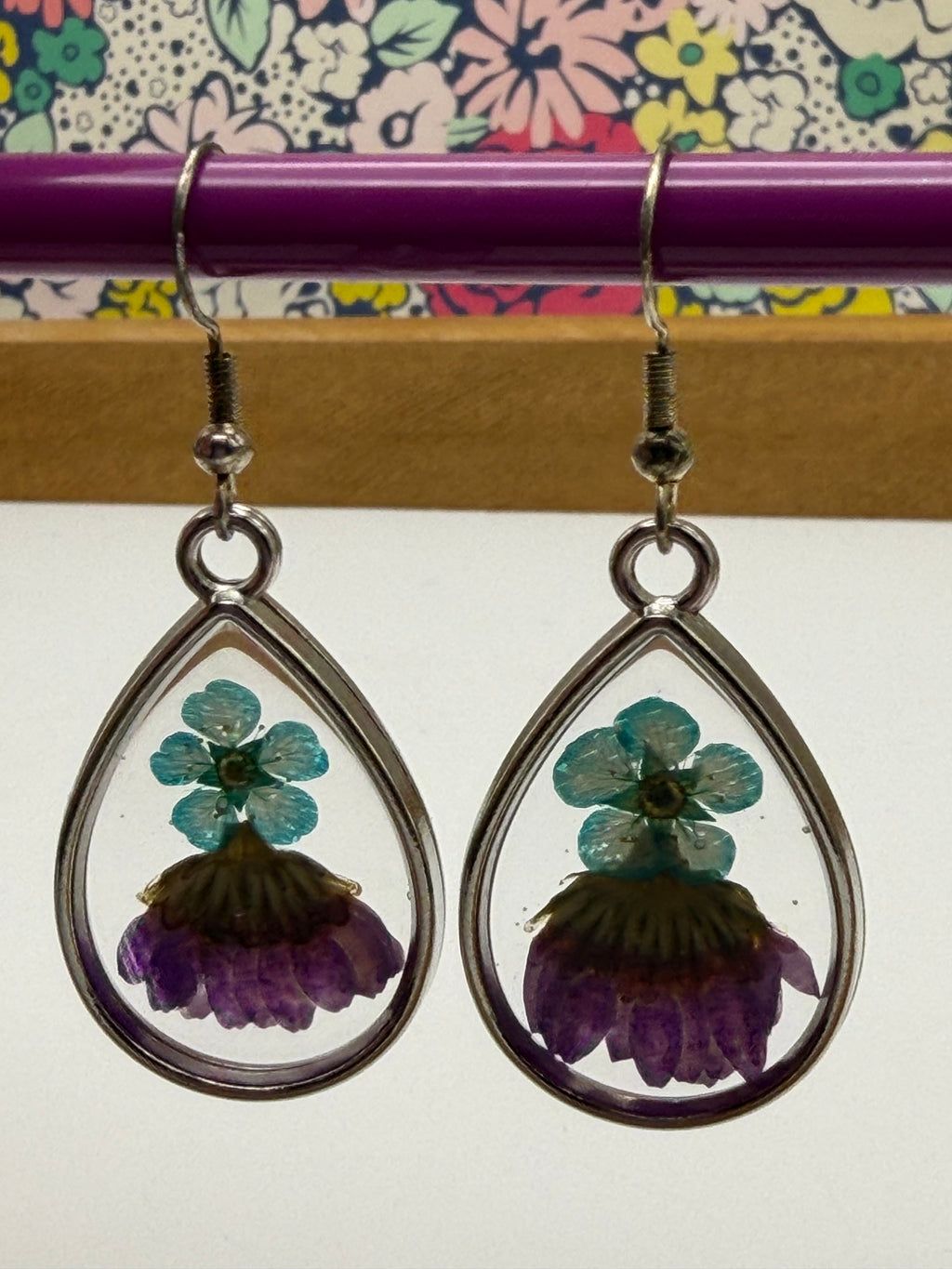 Blue and Pink Pressed Flower Earrings