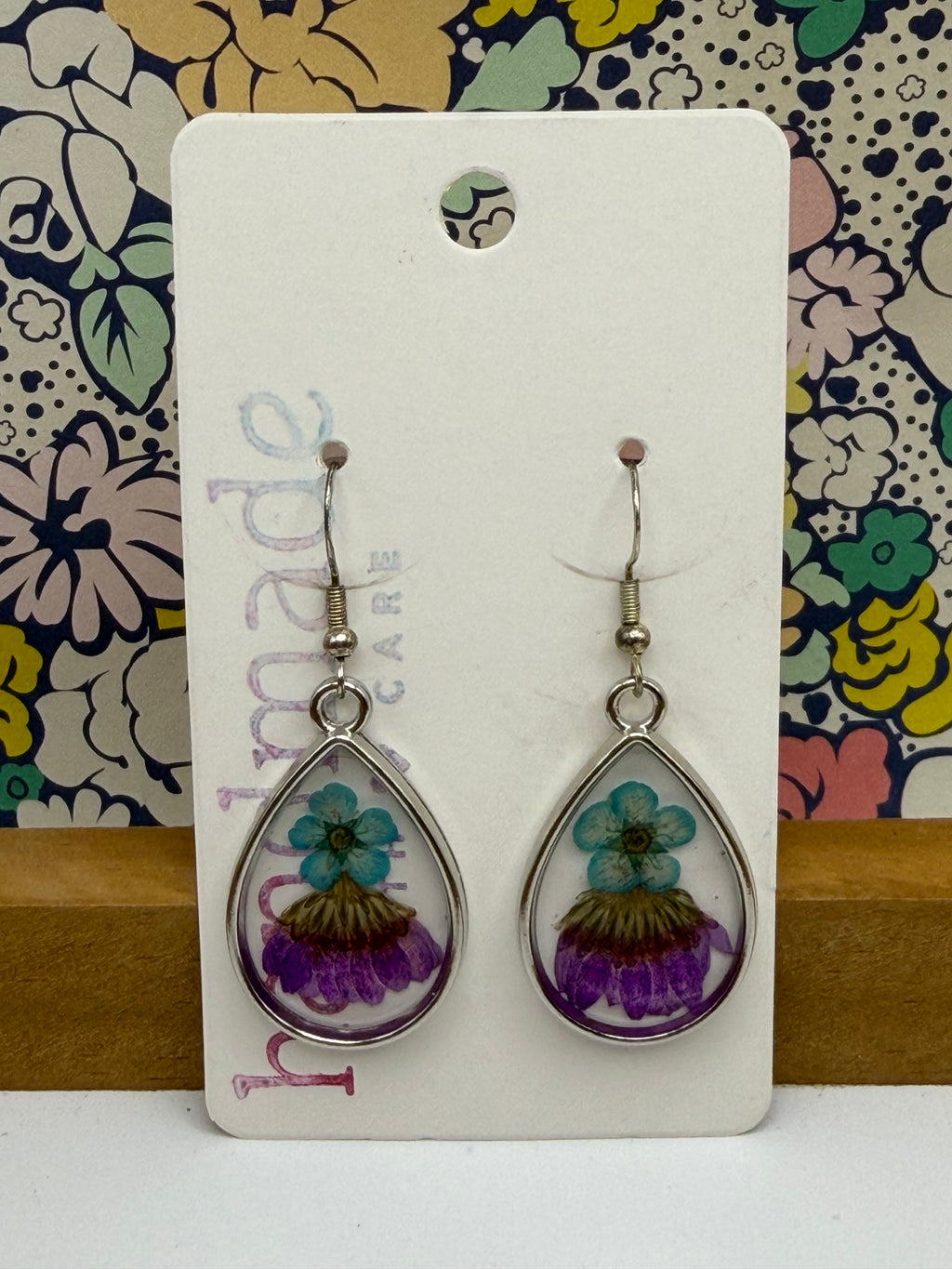 Blue and Pink Pressed Flower Earrings