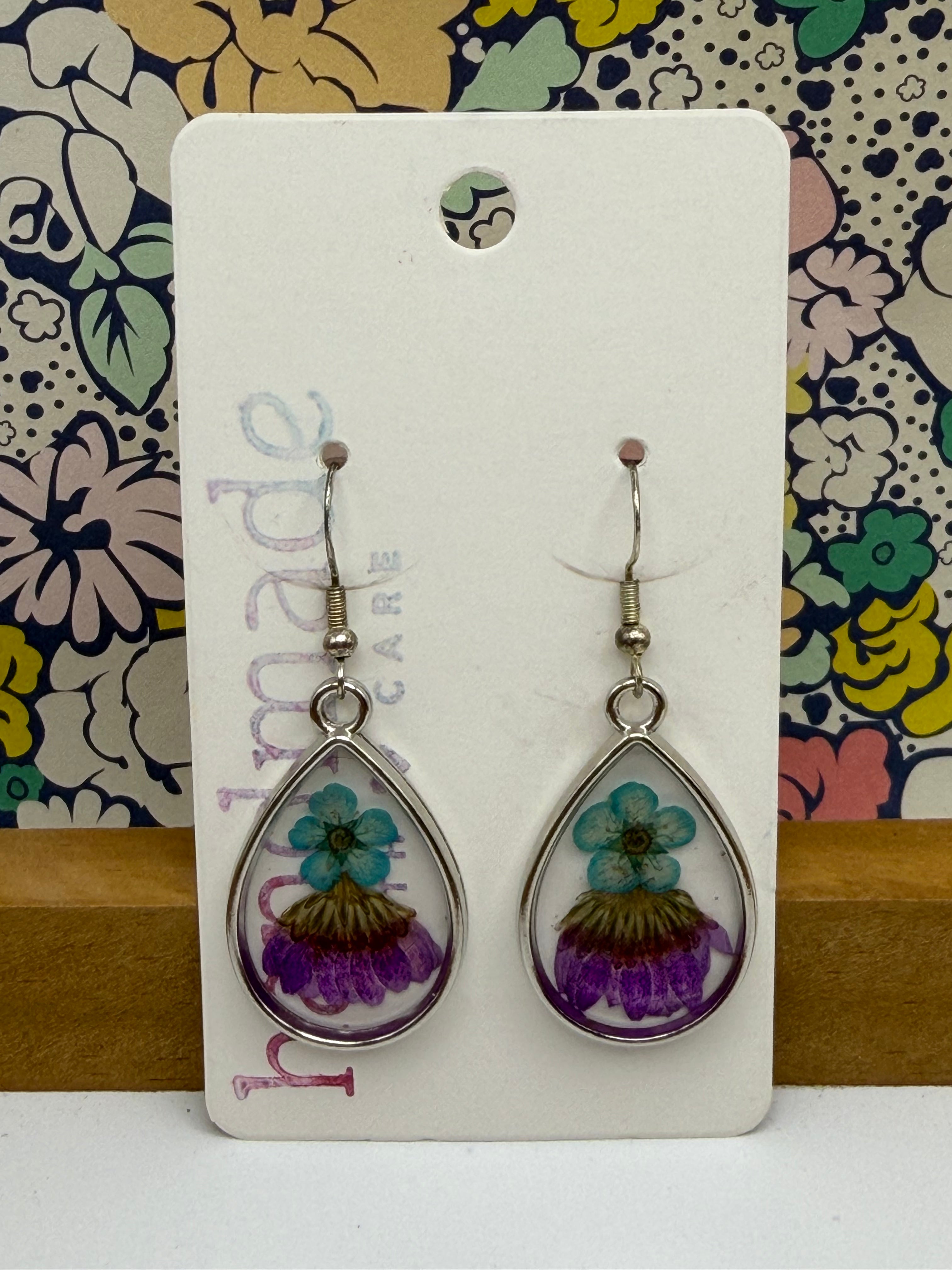Blue and Pink Pressed Flower Earrings