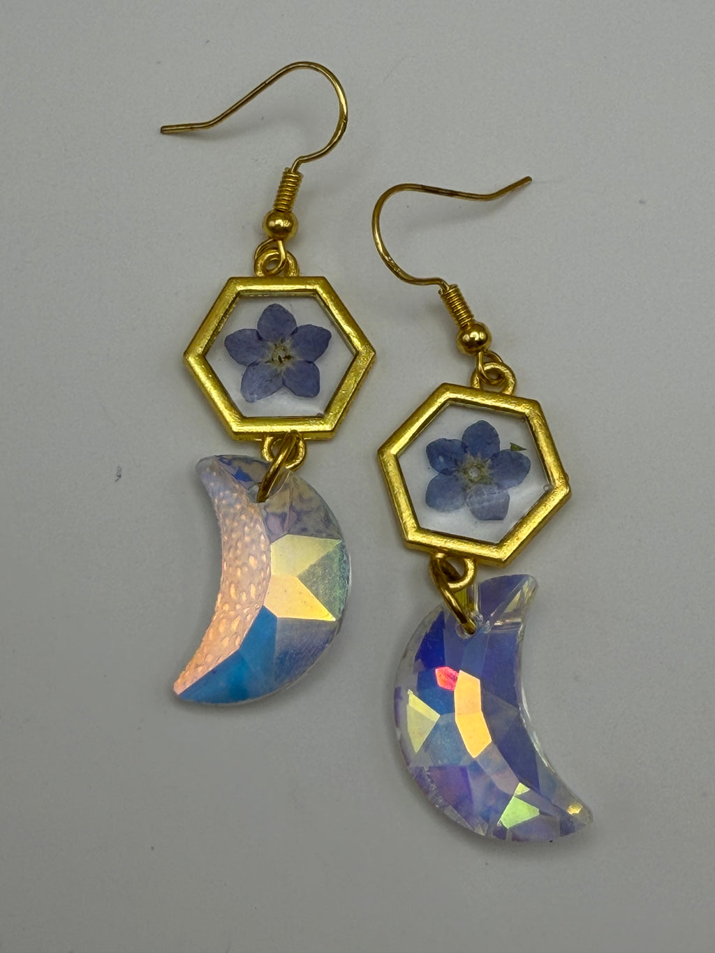 Blue Pressed Flower and Shimmer Moon Dangle Earrings
