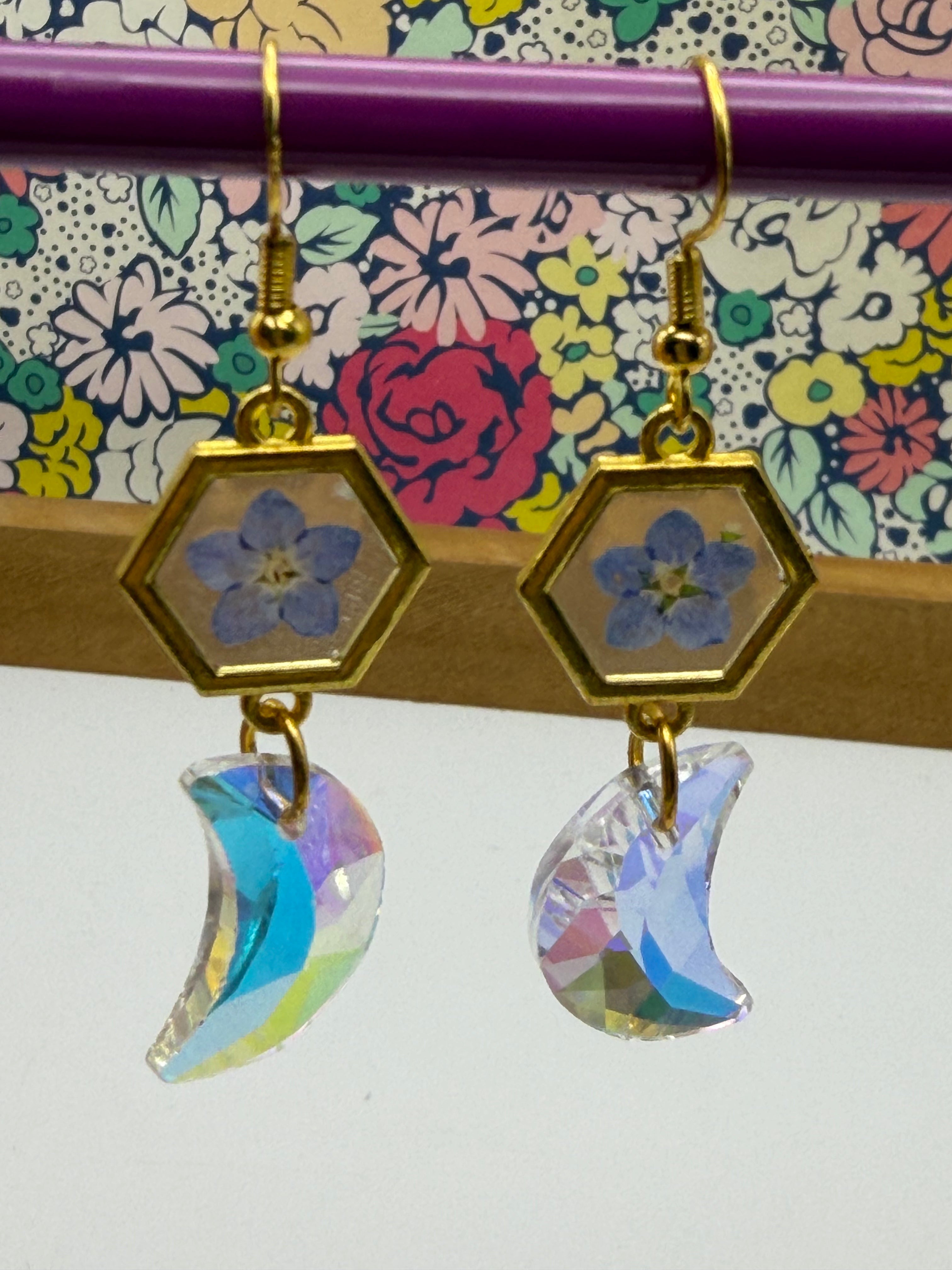 Blue Pressed Flower and Shimmer Moon Dangle Earrings