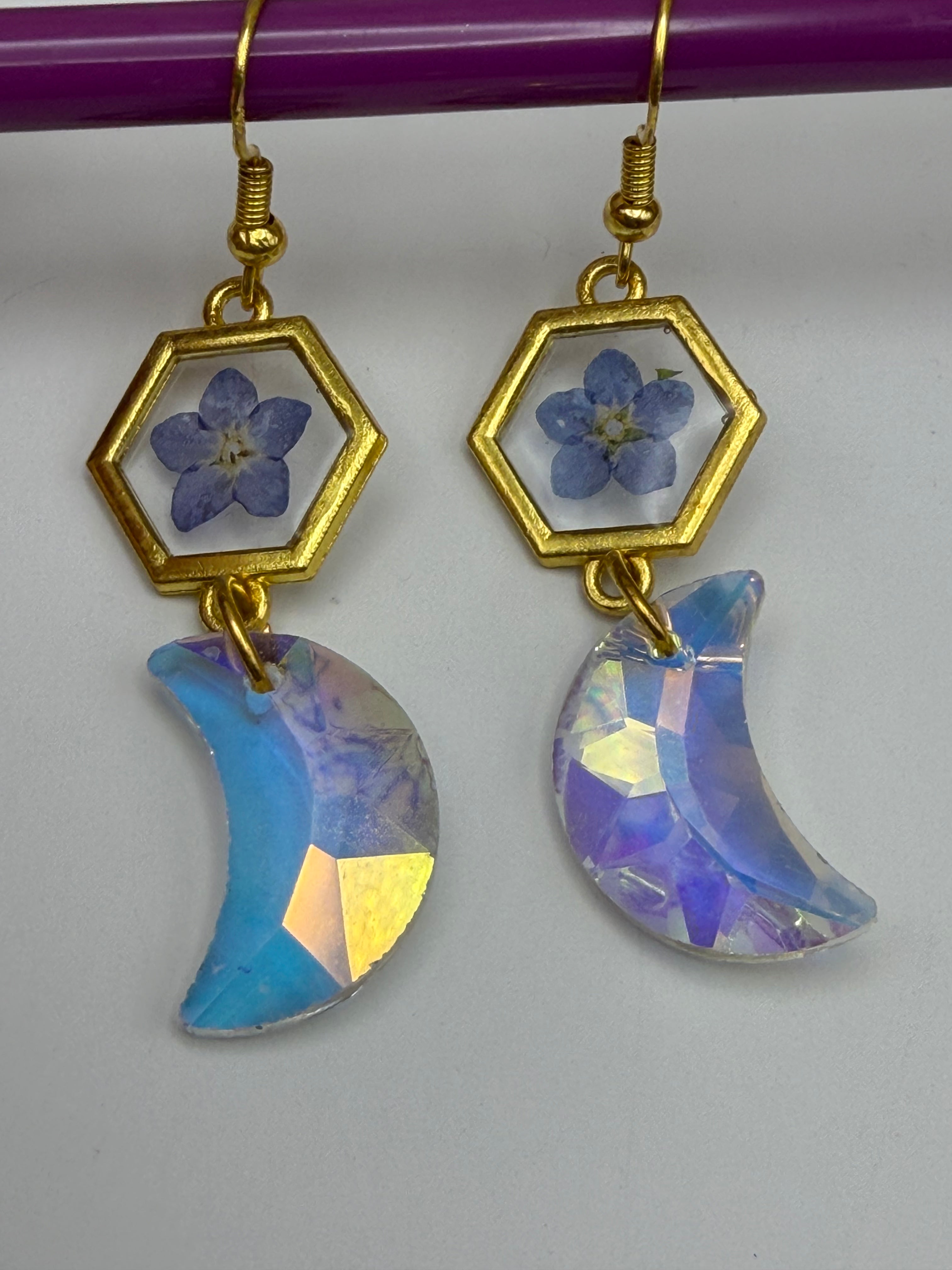 Blue Pressed Flower and Shimmer Moon Dangle Earrings