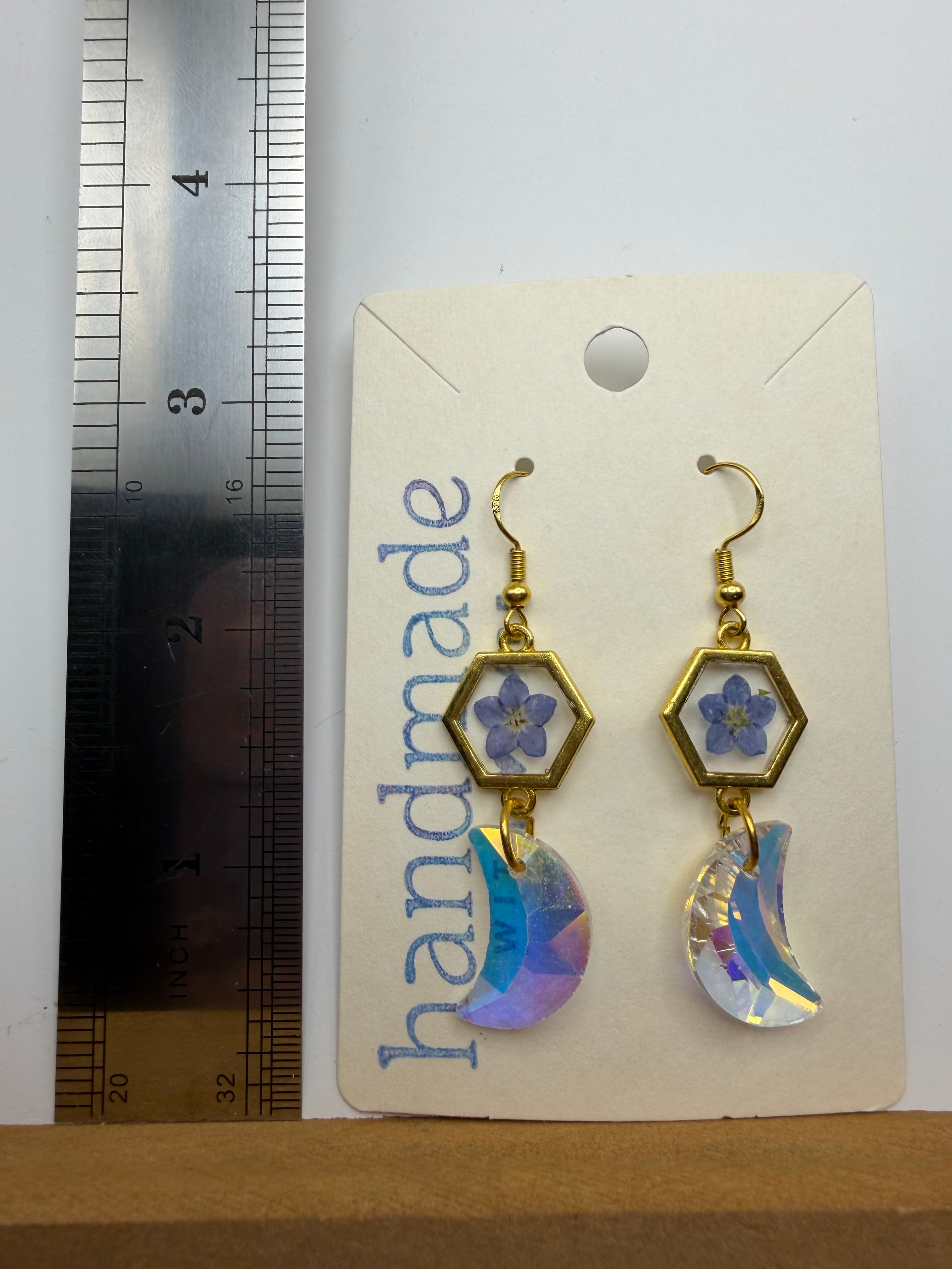 Blue Pressed Flower and Shimmer Moon Dangle Earrings