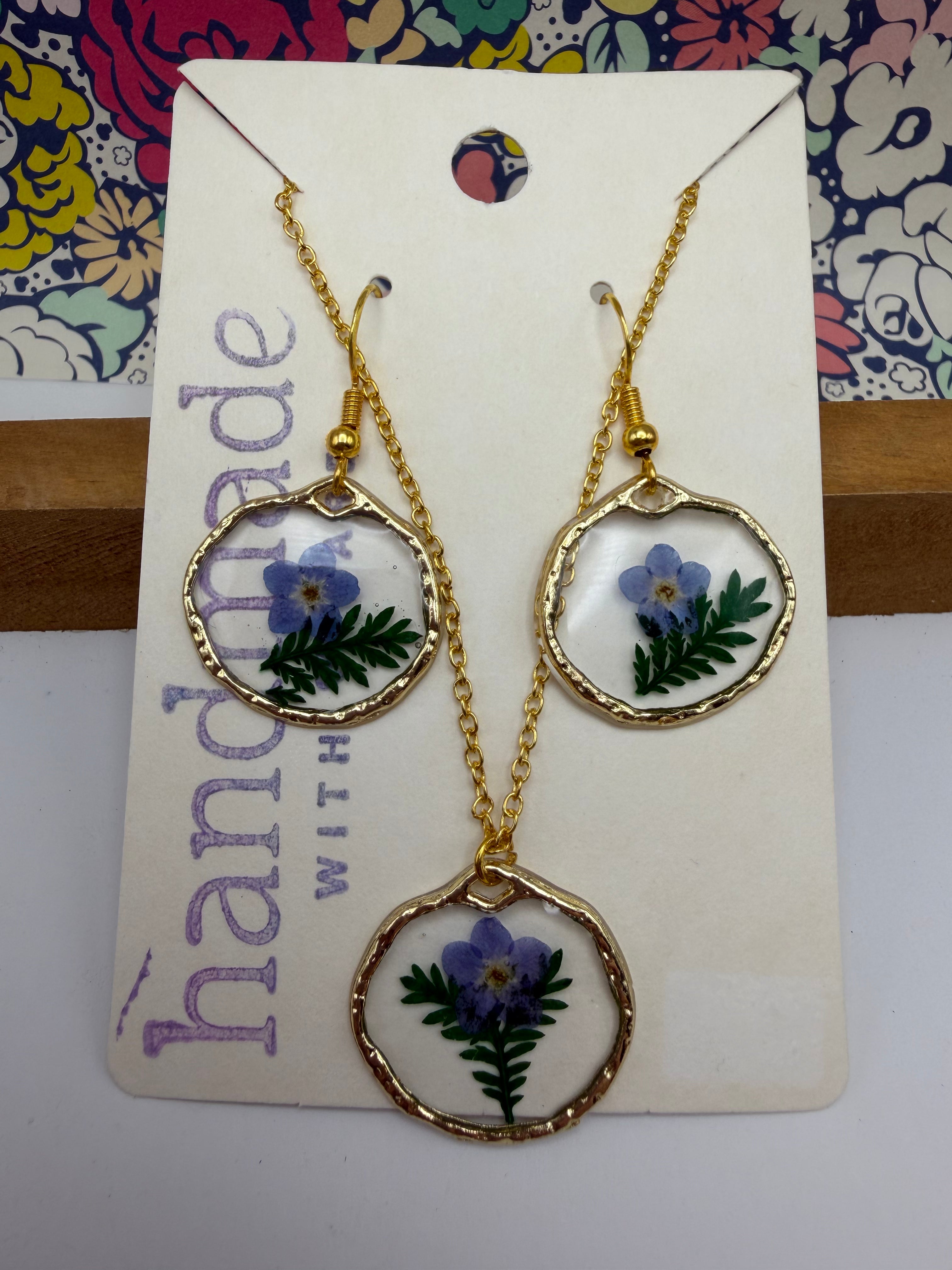 Blue Pressed Flower Earring and Necklace Set