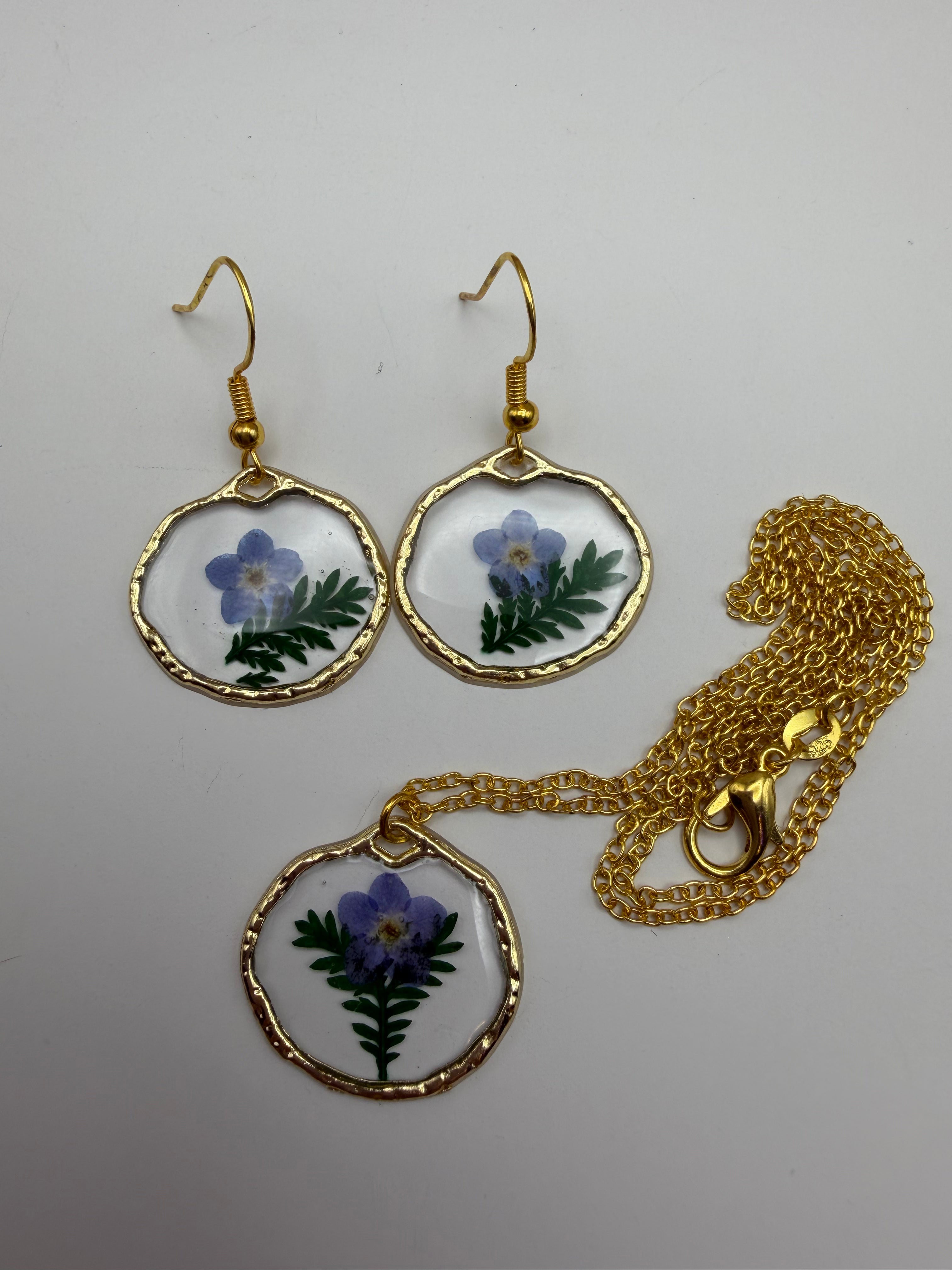 Blue Pressed Flower Earring and Necklace Set