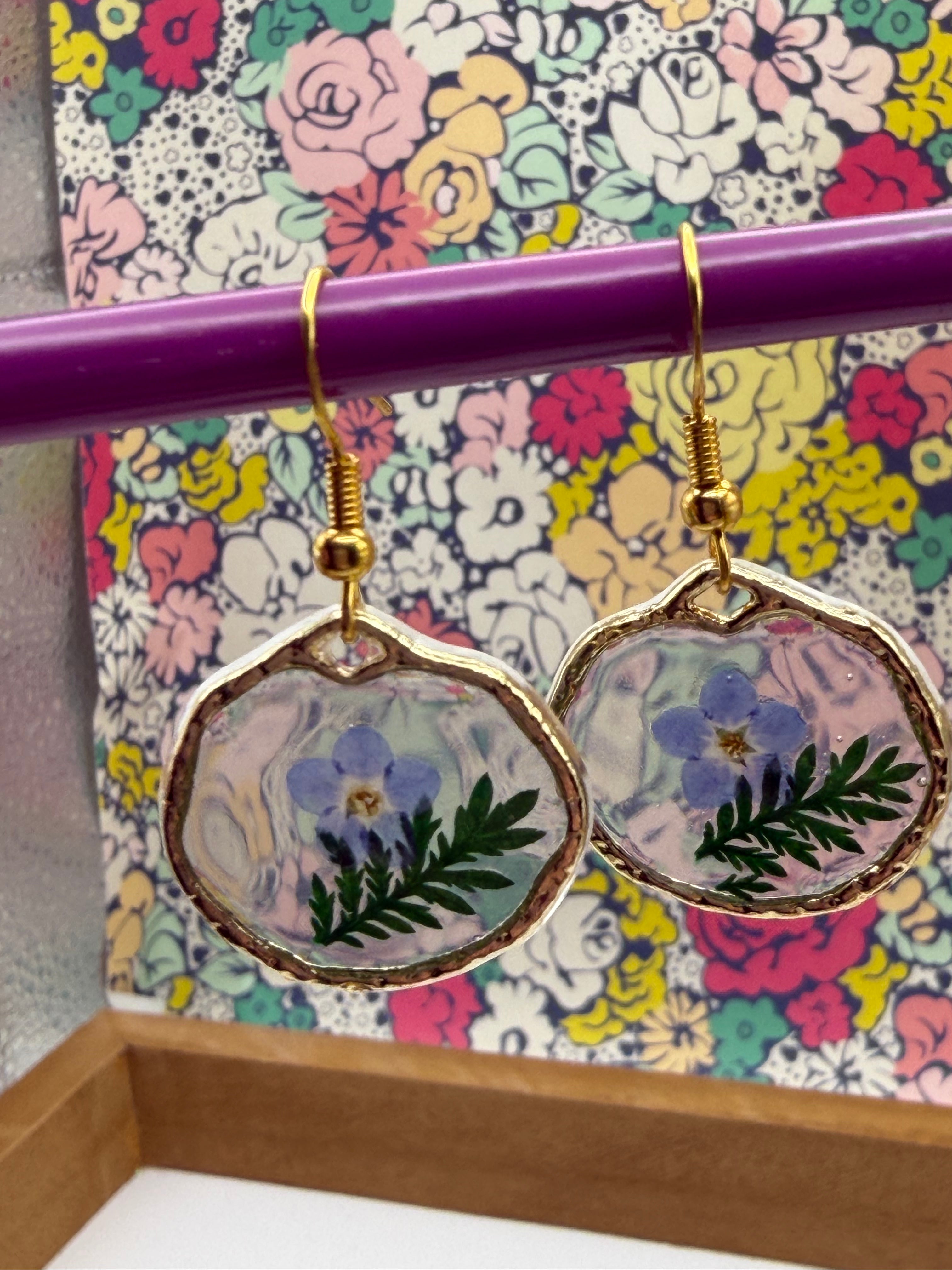Blue Pressed Flower Earring and Necklace Set