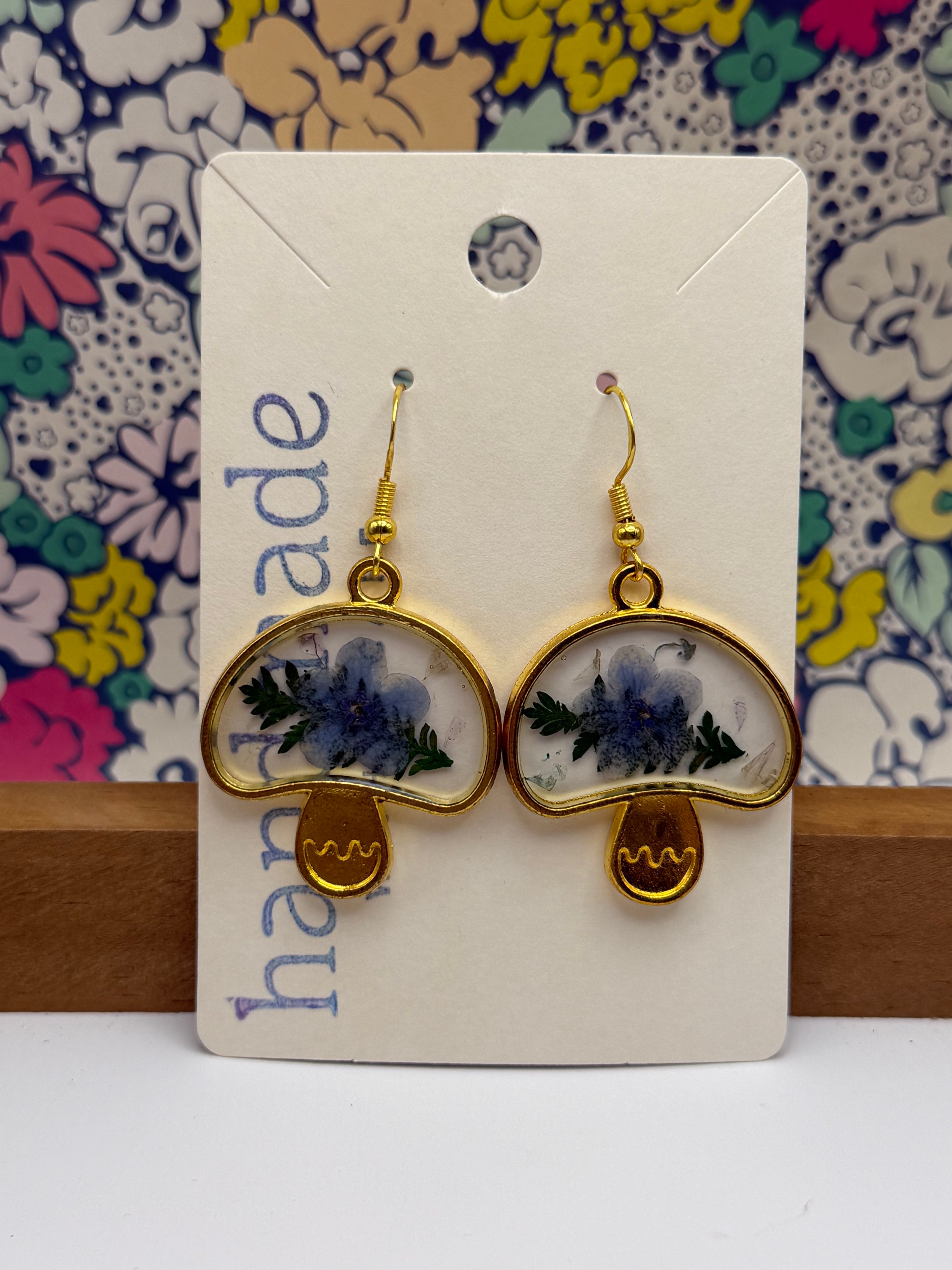 Pressed Flower Golden Mushroom Earrings