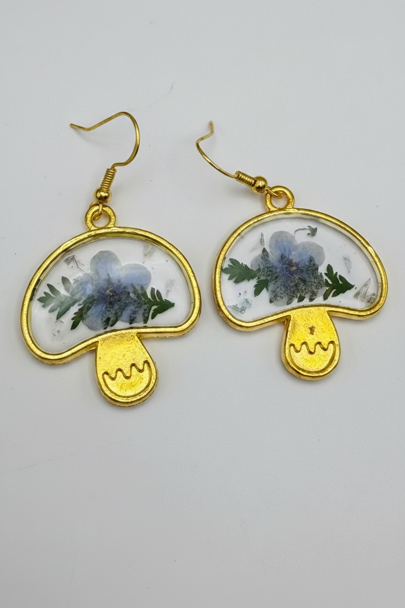 Pressed Flower Golden Mushroom Earrings