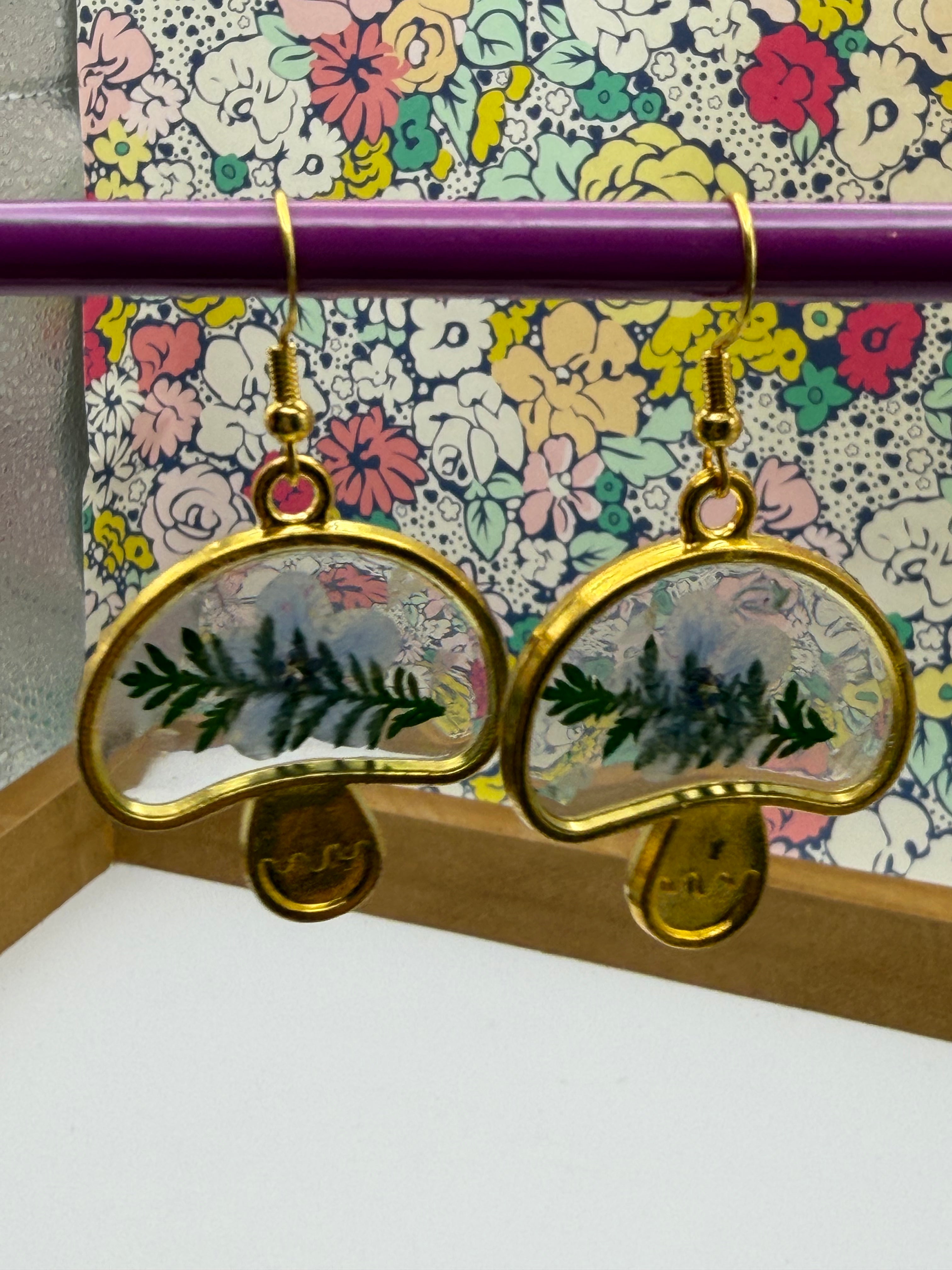 Pressed Flower Golden Mushroom Earrings