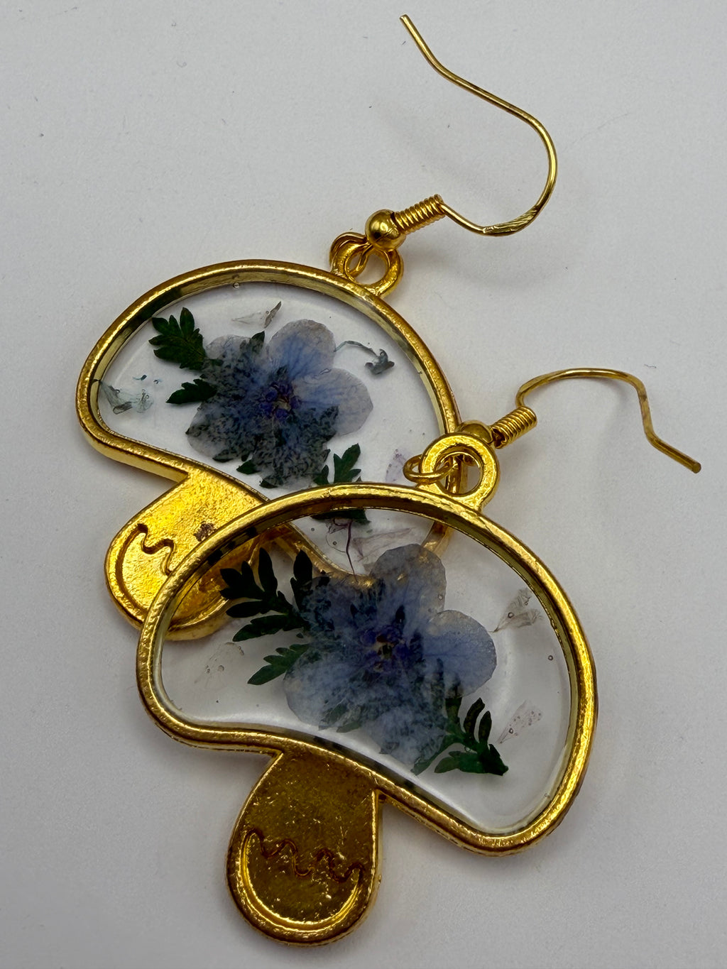 Pressed Flower Golden Mushroom Earrings