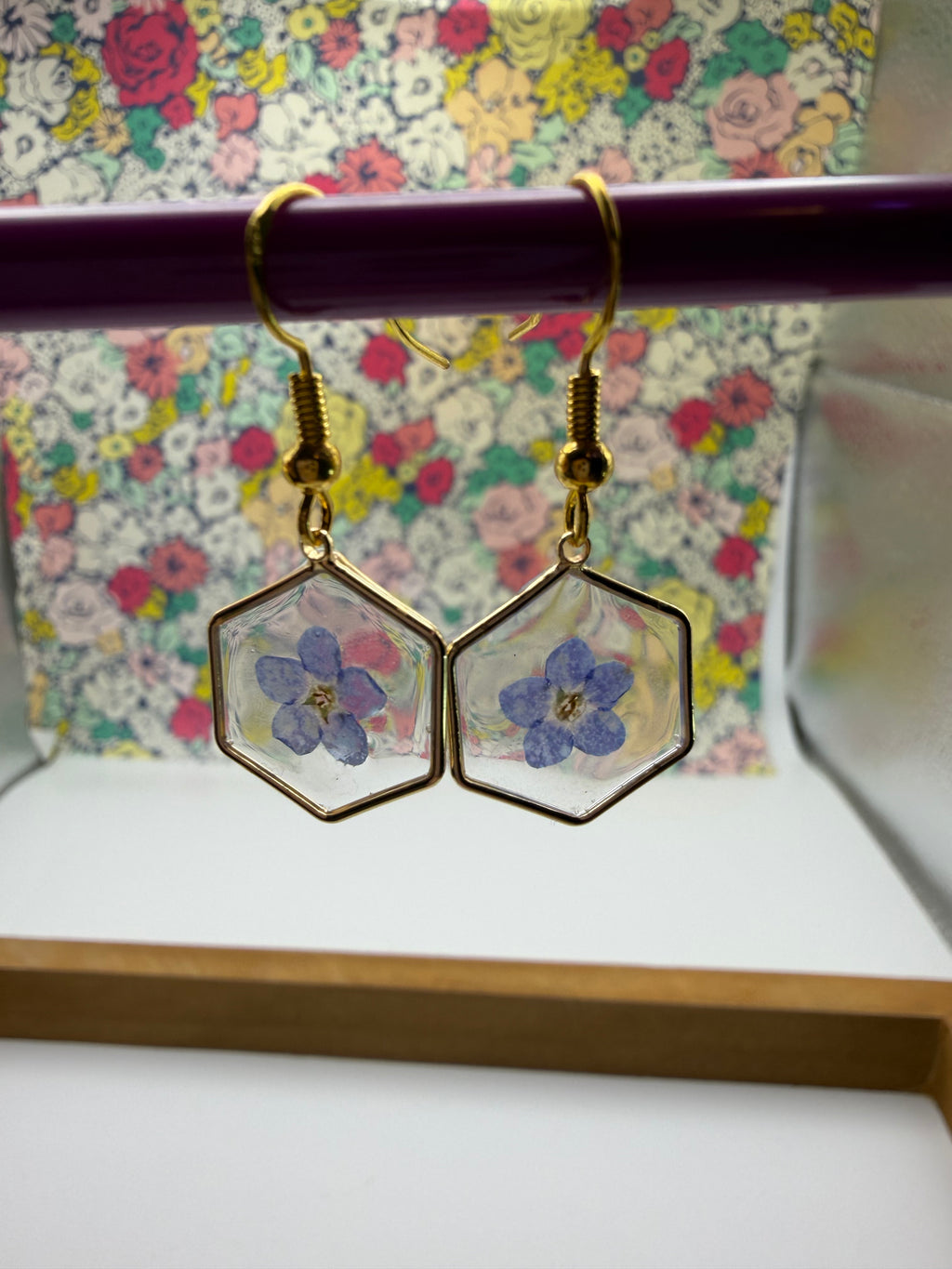 Simple Blue Pressed Flower Earrings