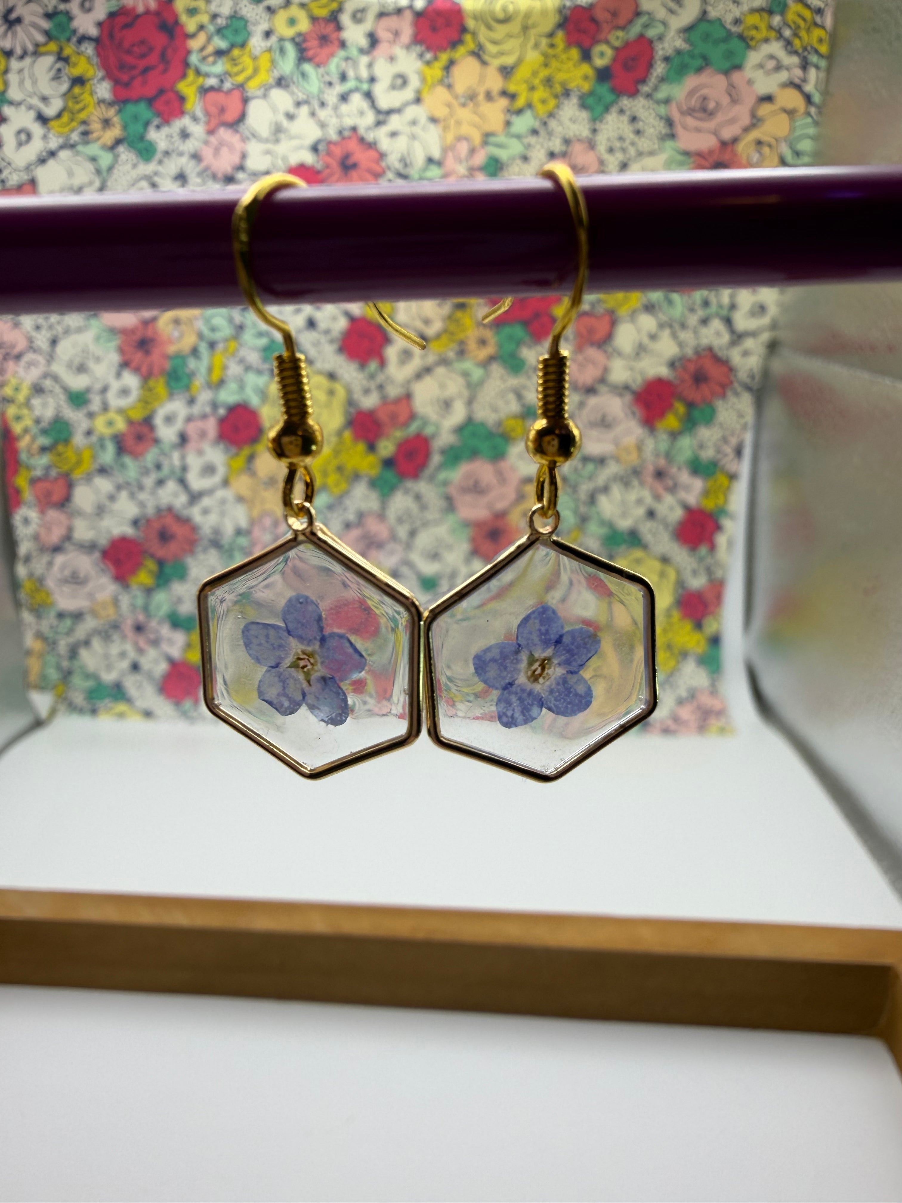 Simple Blue Pressed Flower Earrings