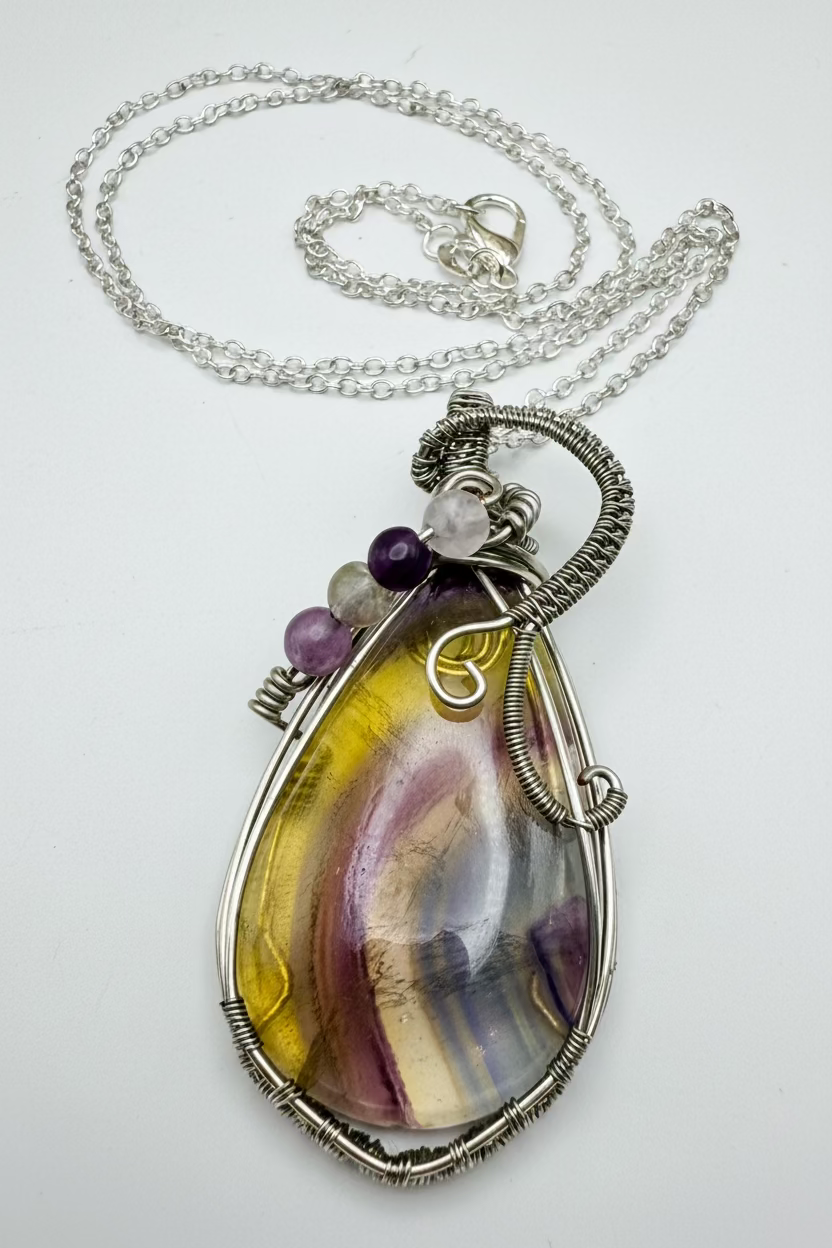 Rainbow Fluorite Wire Wrapped Pendant