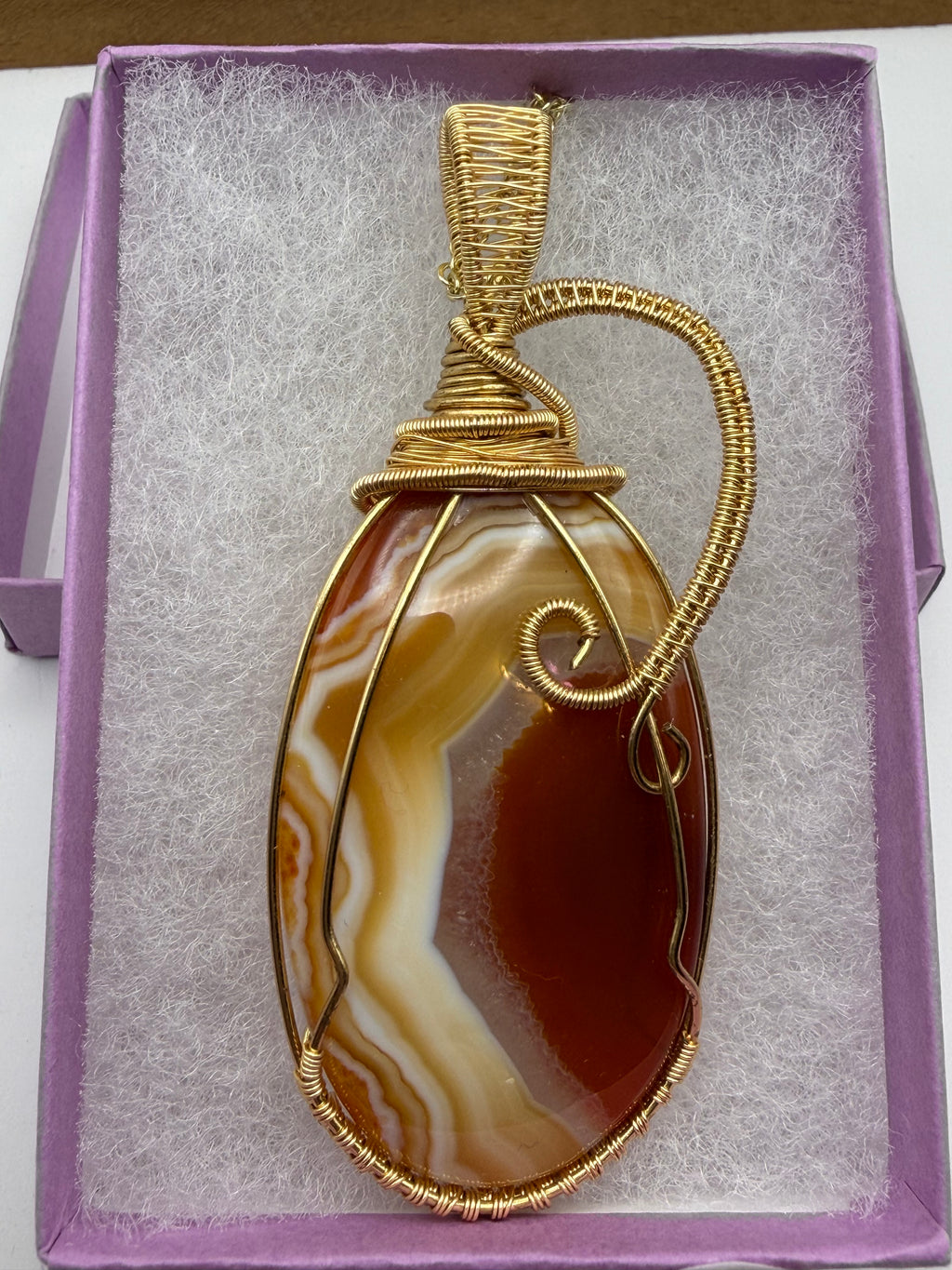 Orange and White Agate Wire Wrapped Pendant