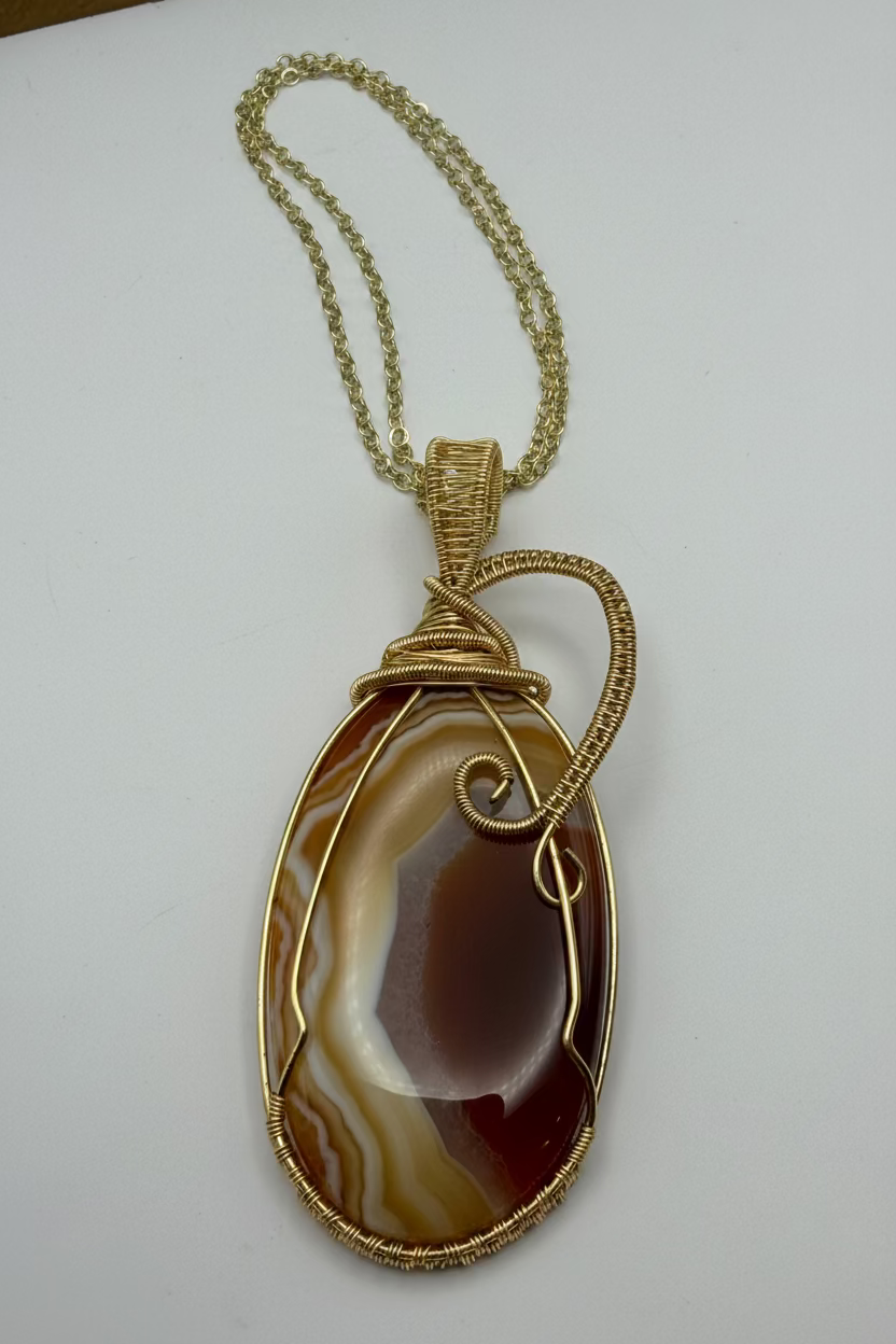 Orange and White Agate Wire Wrapped Pendant