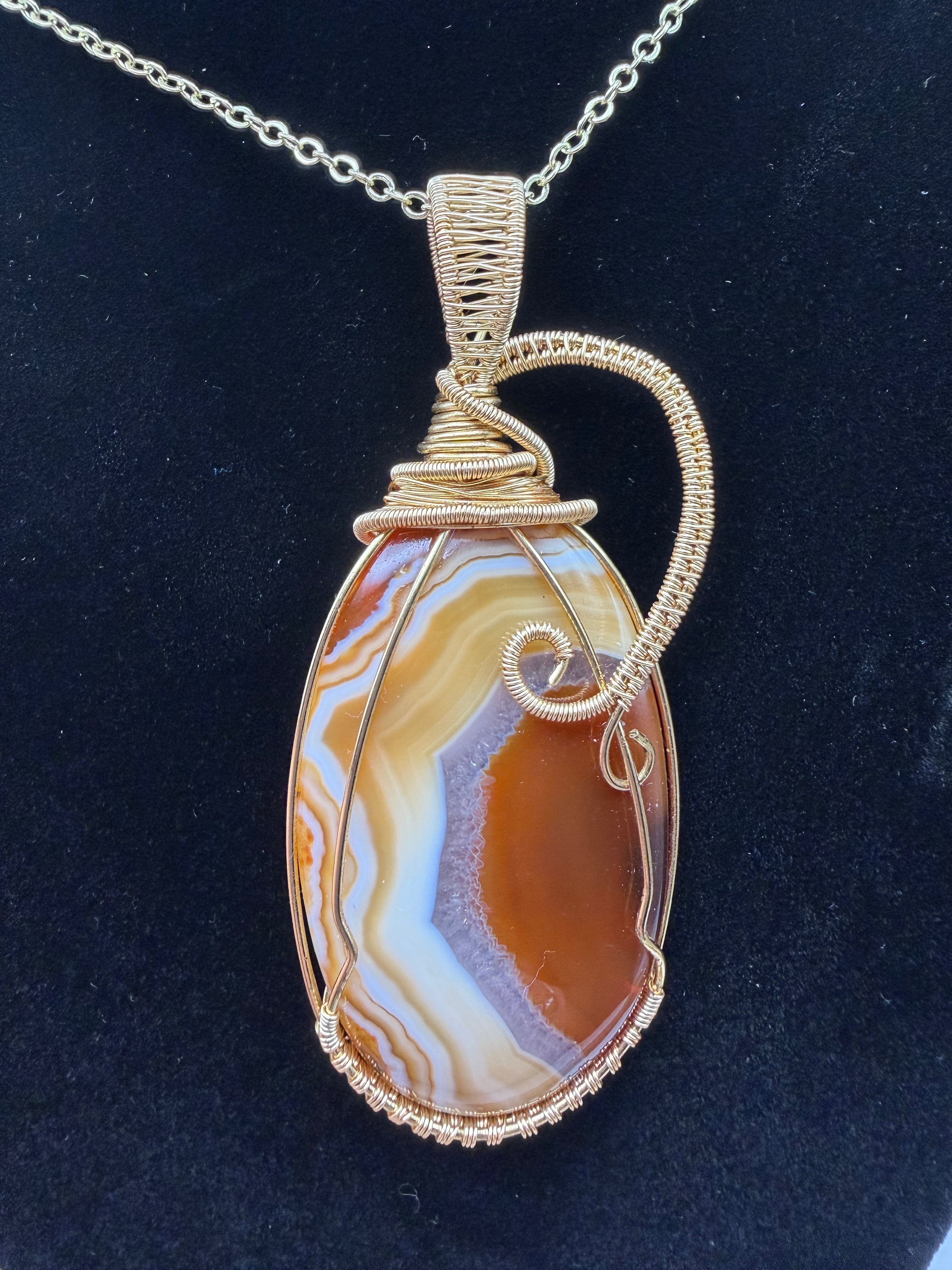 Orange and White Agate Wire Wrapped Pendant