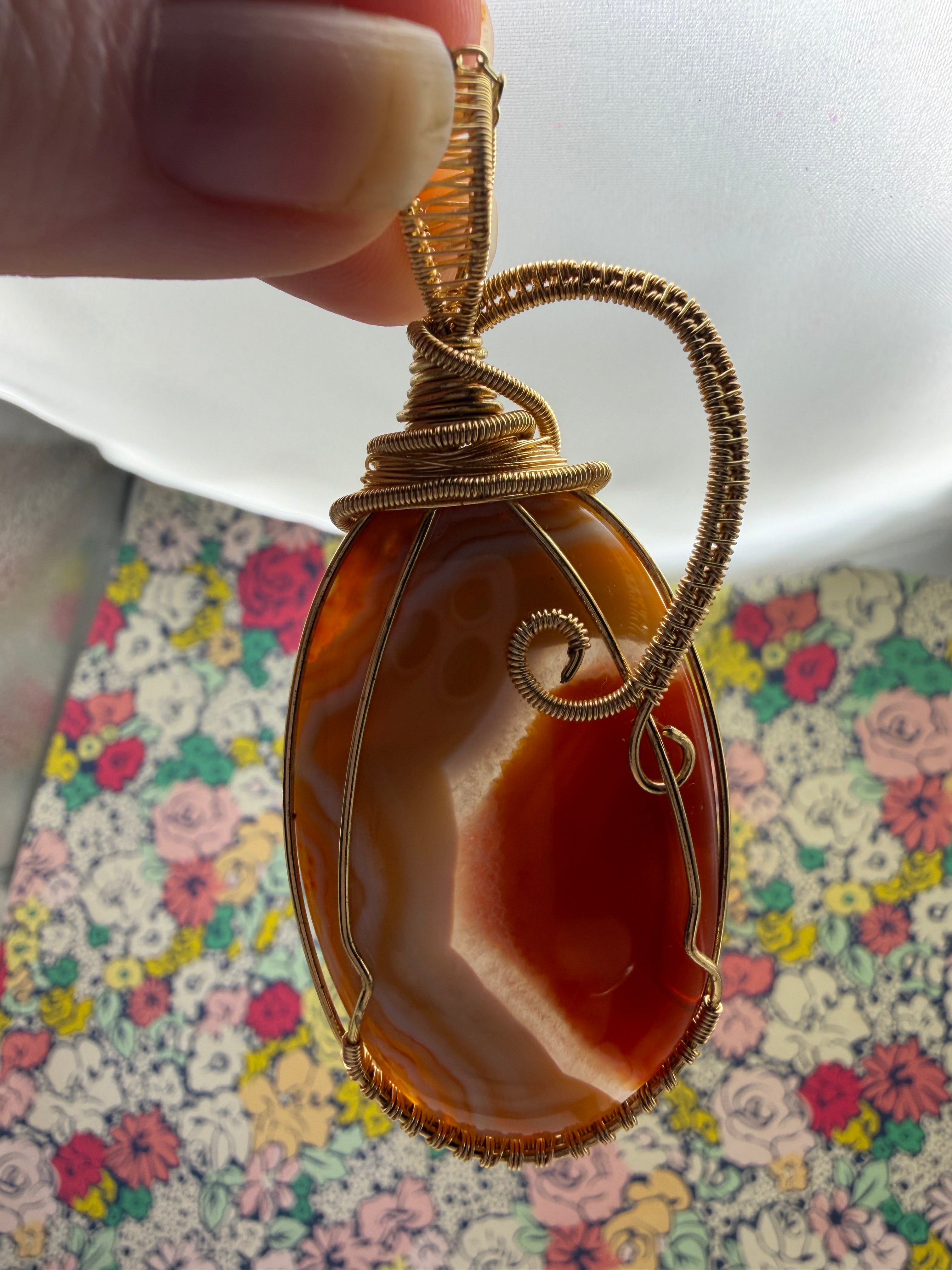Orange and White Agate Wire Wrapped Pendant