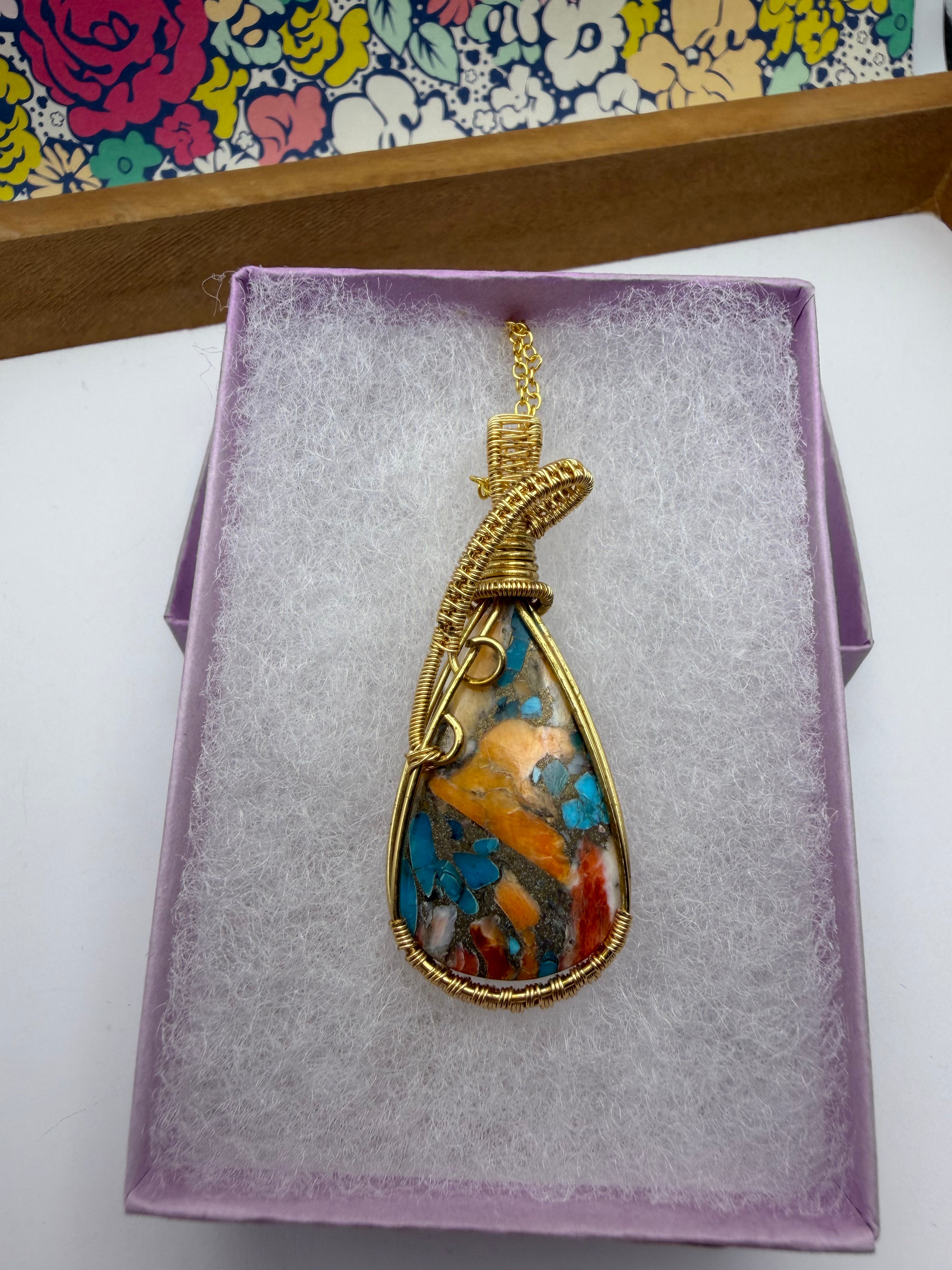 Mojave Turquoise Wire Wrapped Pendant with Chain